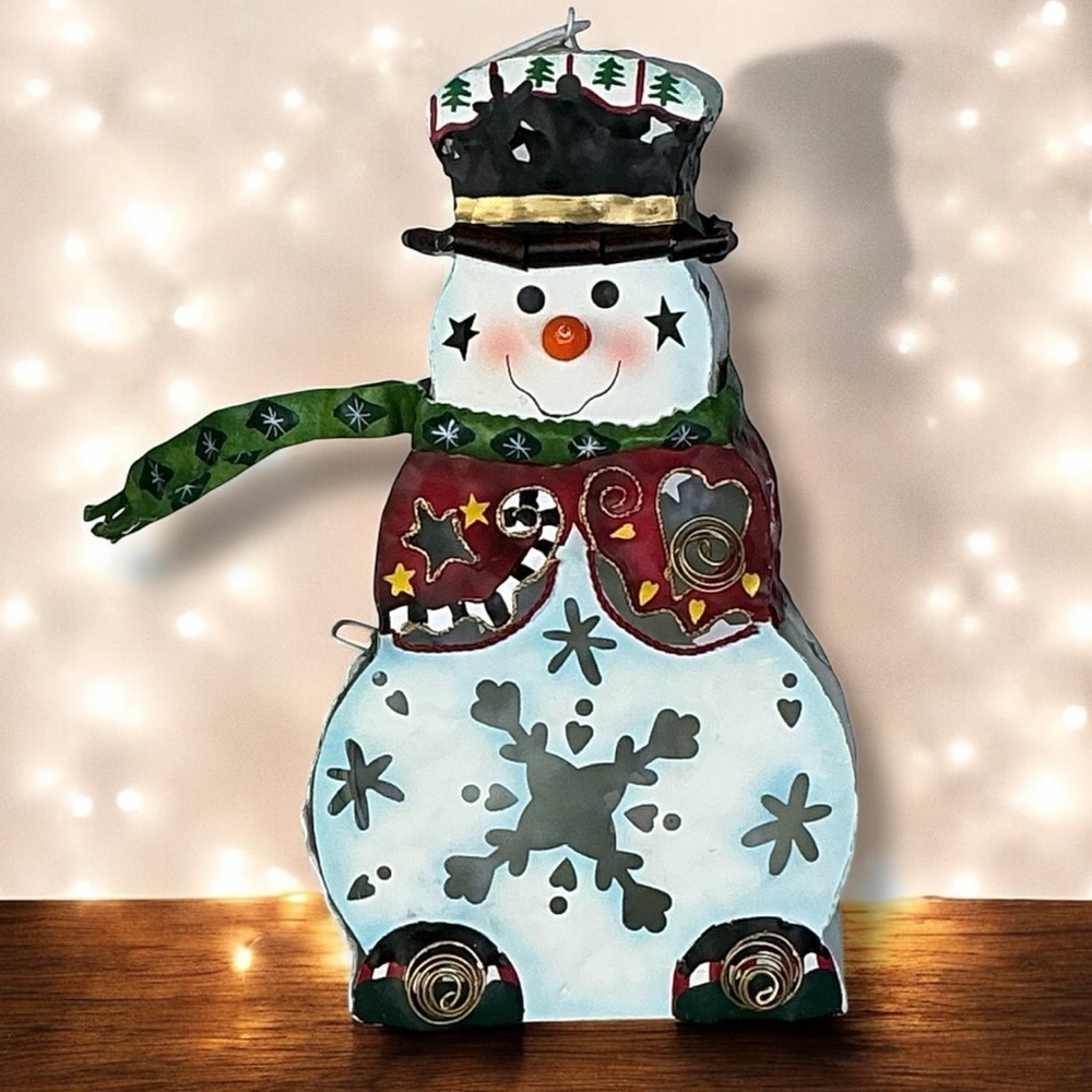Metal Snowman Lantern Vintage Candle Holder Cut Outs Hinged Side Door 12 1/2”